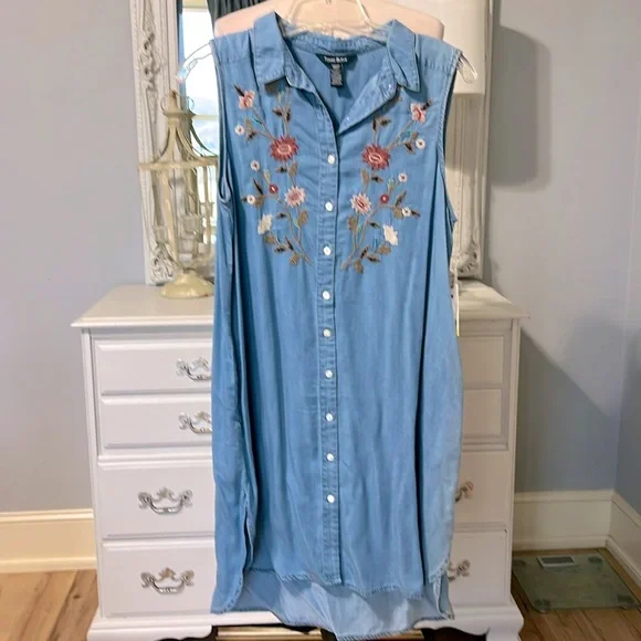 Terre Bleue Summer Embroider Midi Denim Look Dress Casual Lightweight Womens S - Picture 4 of 11